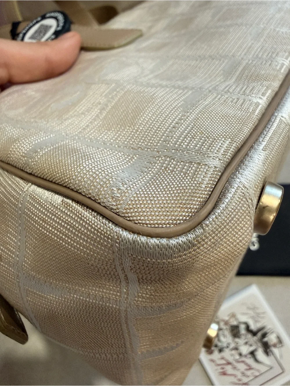 CHANEL Beige Logo Jacquard Satchel with Tan Leather Handles